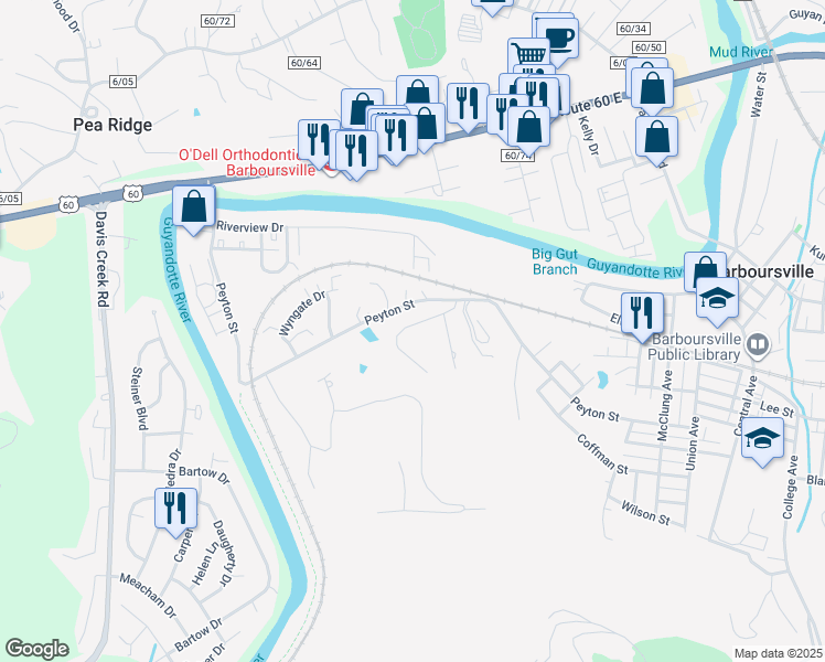 map of restaurants, bars, coffee shops, grocery stores, and more near 61 Brickshire Ln in Barboursville