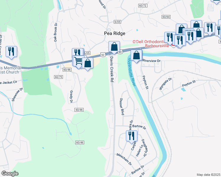 map of restaurants, bars, coffee shops, grocery stores, and more near 5845 Davis Creek Road in Barboursville