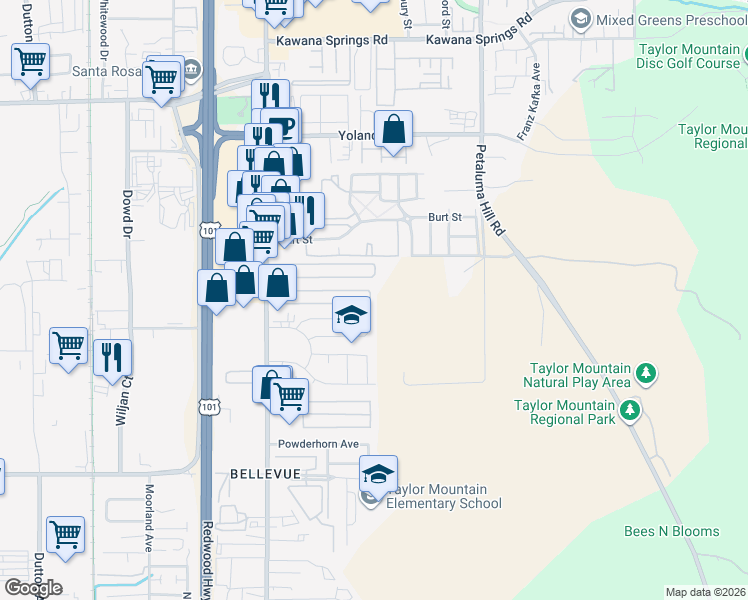 map of restaurants, bars, coffee shops, grocery stores, and more near 300 Pear Lane in Santa Rosa