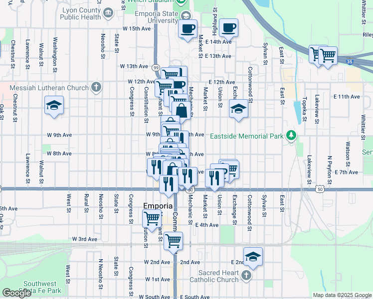 map of restaurants, bars, coffee shops, grocery stores, and more near 104 East 8th Avenue in Emporia