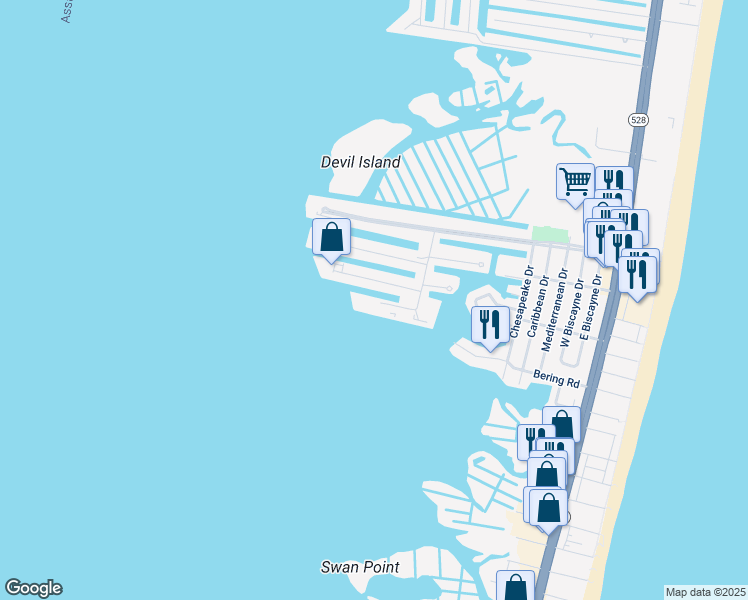 map of restaurants, bars, coffee shops, grocery stores, and more near 721 Rusty Anchor Road in Ocean City