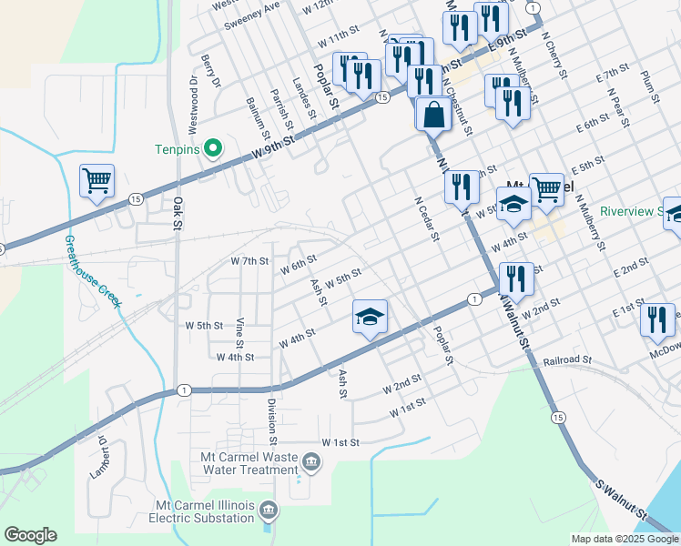 map of restaurants, bars, coffee shops, grocery stores, and more near 700 West 5th Street in Mount Carmel