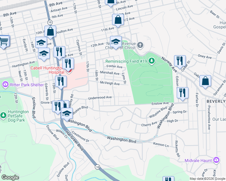 map of restaurants, bars, coffee shops, grocery stores, and more near 1732 Woodmont Road in Huntington