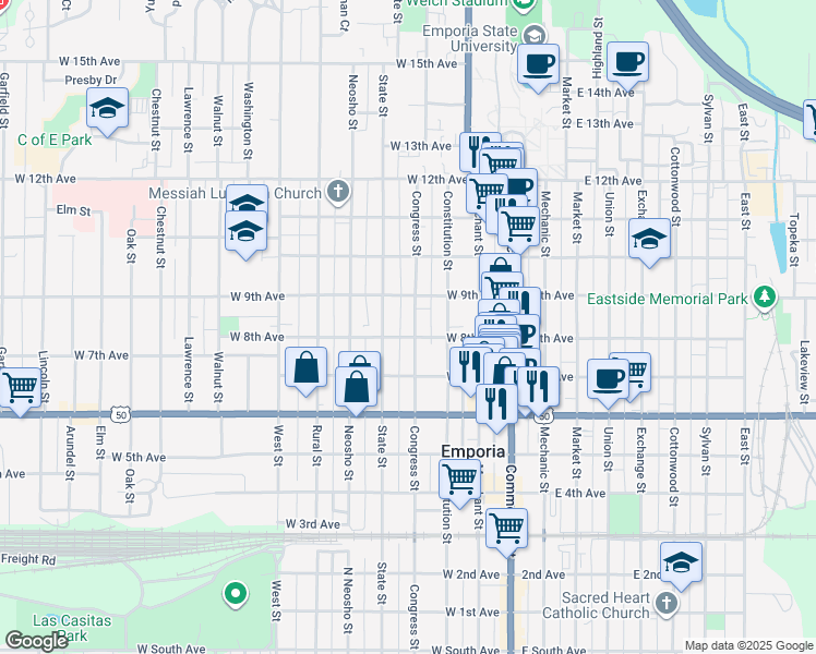map of restaurants, bars, coffee shops, grocery stores, and more near 805 Congress Street in Emporia