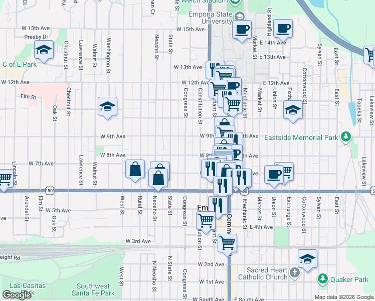 map of restaurants, bars, coffee shops, grocery stores, and more near 801 Congress Street in Emporia