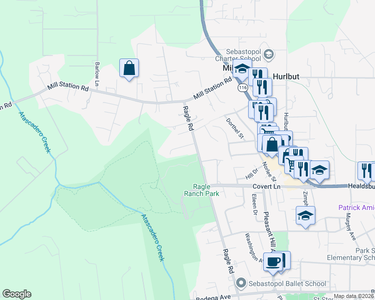 map of restaurants, bars, coffee shops, grocery stores, and more near 742 Ragle Road in Sebastopol