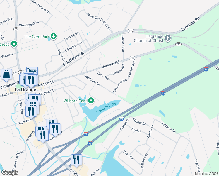 map of restaurants, bars, coffee shops, grocery stores, and more near 215 Hoffman Lane in La Grange