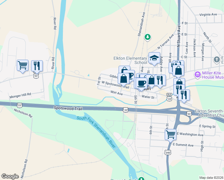 map of restaurants, bars, coffee shops, grocery stores, and more near 513 Wirt Avenue in Elkton