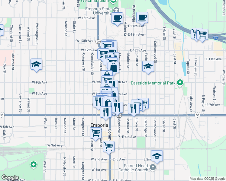map of restaurants, bars, coffee shops, grocery stores, and more near 802 Commercial Street in Emporia