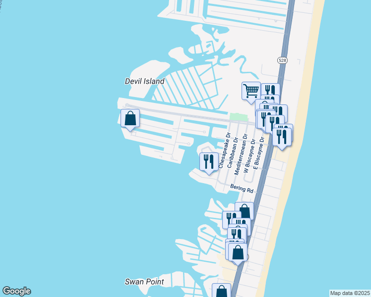 map of restaurants, bars, coffee shops, grocery stores, and more near 21 Villas At Inlet Islecm in Ocean City