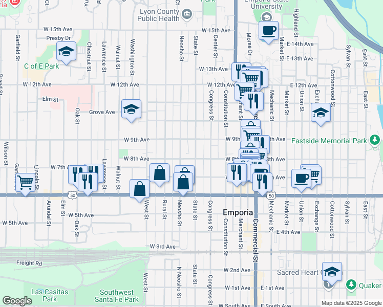 map of restaurants, bars, coffee shops, grocery stores, and more near 811 State Street in Emporia