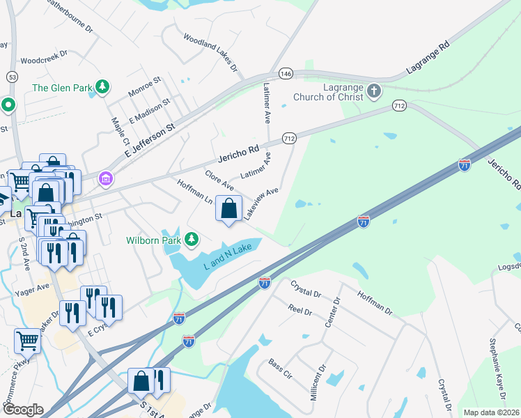 map of restaurants, bars, coffee shops, grocery stores, and more near 605 Lakeview Avenue in La Grange