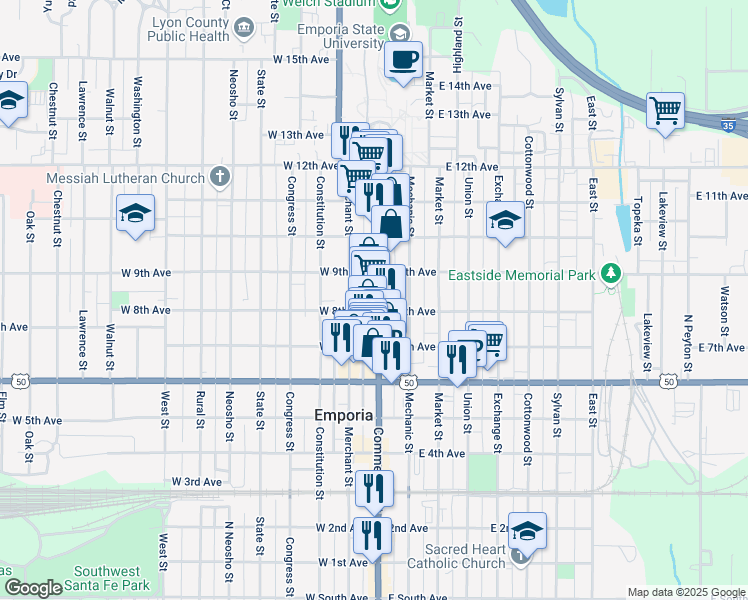 map of restaurants, bars, coffee shops, grocery stores, and more near 809 Commercial Street in Emporia