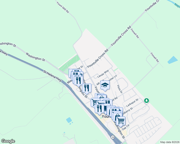 map of restaurants, bars, coffee shops, grocery stores, and more near 1988 Adams Street in Yountville