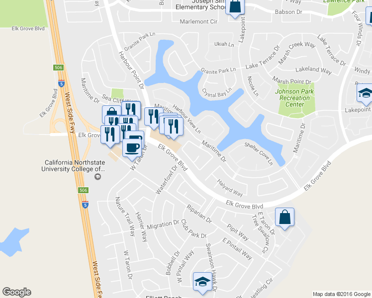 map of restaurants, bars, coffee shops, grocery stores, and more near 3216 Turnbuckle Circle in Elk Grove