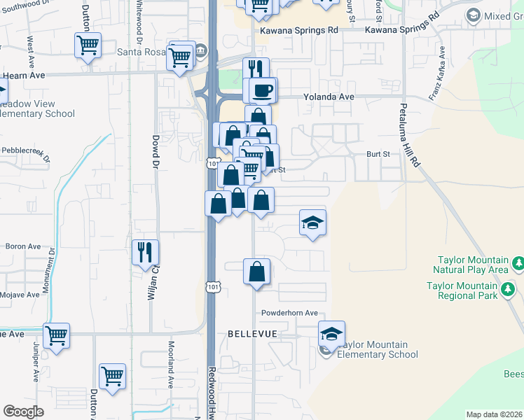 map of restaurants, bars, coffee shops, grocery stores, and more near in Santa Rosa