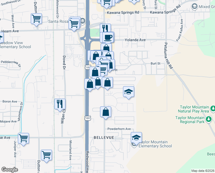 map of restaurants, bars, coffee shops, grocery stores, and more near in Santa Rosa