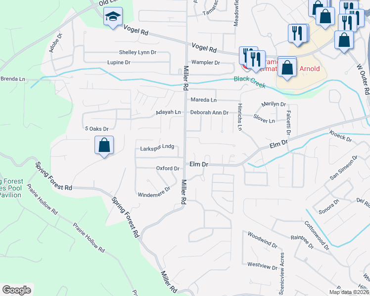map of restaurants, bars, coffee shops, grocery stores, and more near 3863 Crest Circle Drive in Arnold