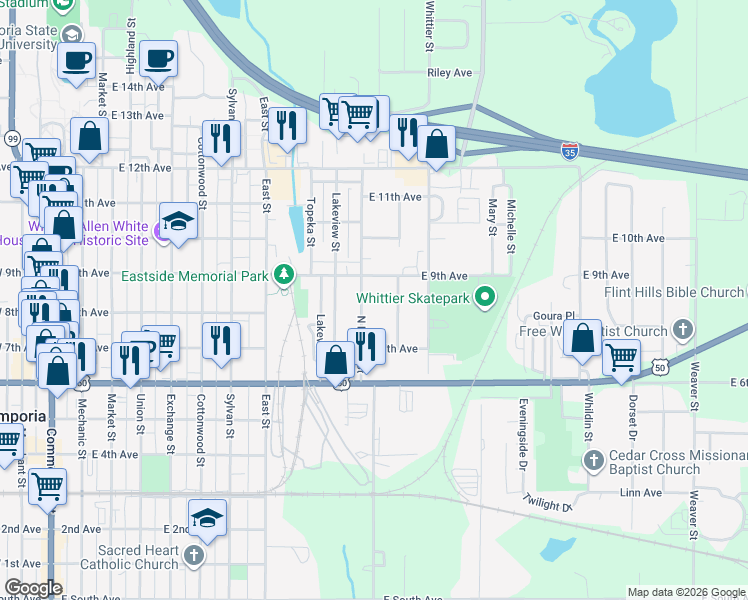 map of restaurants, bars, coffee shops, grocery stores, and more near 808 Peyton Street in Emporia