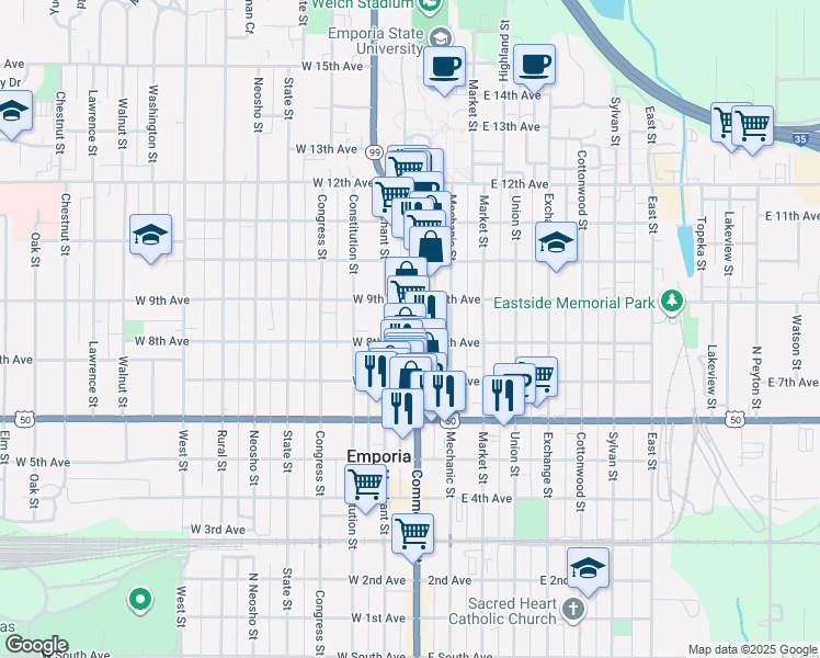 map of restaurants, bars, coffee shops, grocery stores, and more near 809 Commercial Street in Emporia