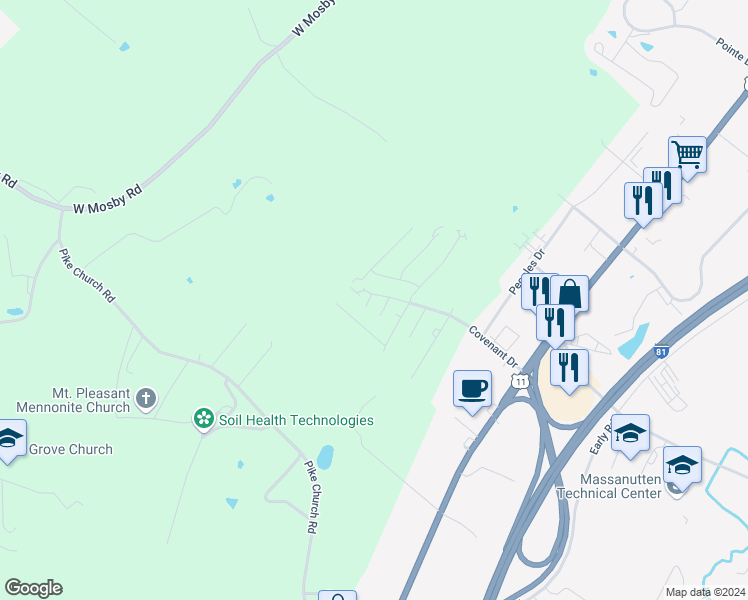 map of restaurants, bars, coffee shops, grocery stores, and more near 3306 Debbie Court in Harrisonburg