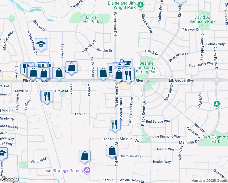 map of restaurants, bars, coffee shops, grocery stores, and more near 9287 Kliever Way in Elk Grove