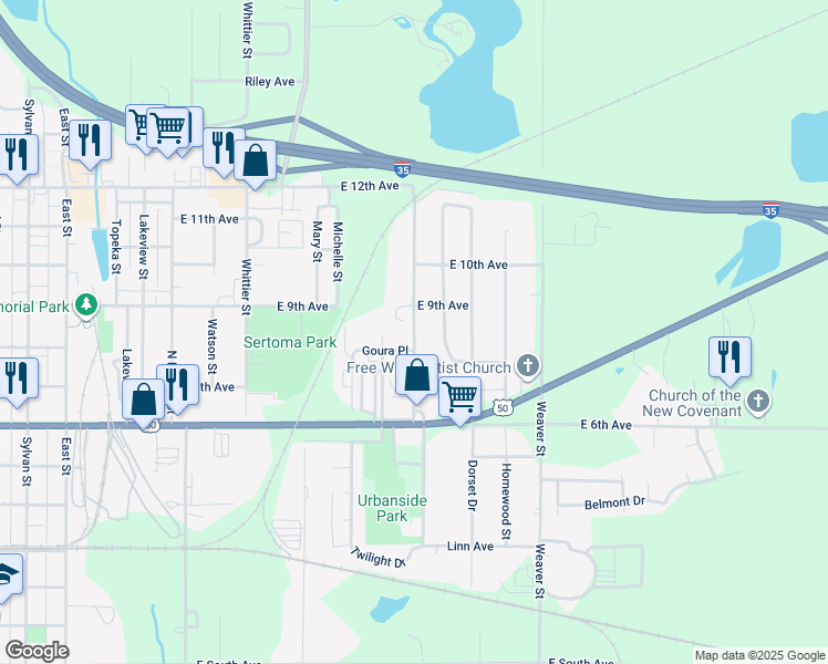 map of restaurants, bars, coffee shops, grocery stores, and more near 809 Whildin Street in Emporia