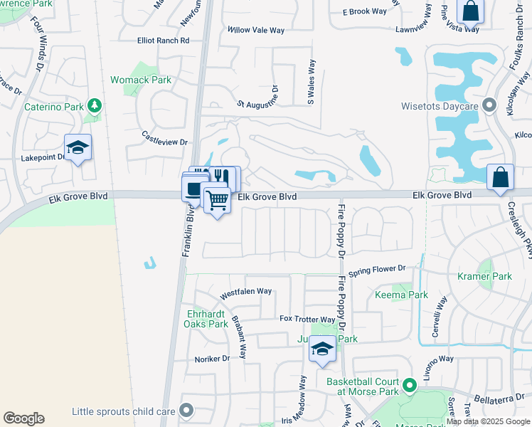 map of restaurants, bars, coffee shops, grocery stores, and more near 9614 Pilliteri Way in Elk Grove