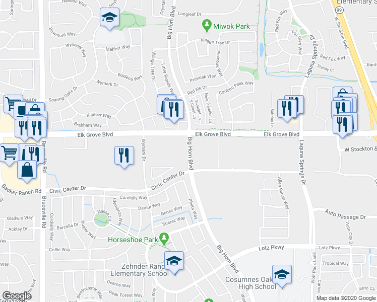 map of restaurants, bars, coffee shops, grocery stores, and more near Big Horn Boulevard in Elk Grove