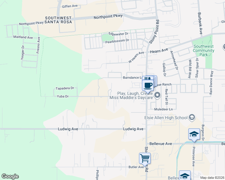 map of restaurants, bars, coffee shops, grocery stores, and more near 947 Yuba Drive in Santa Rosa