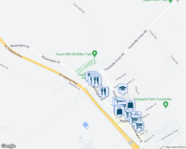 map of restaurants, bars, coffee shops, grocery stores, and more near 2175 Monroe Street in Yountville