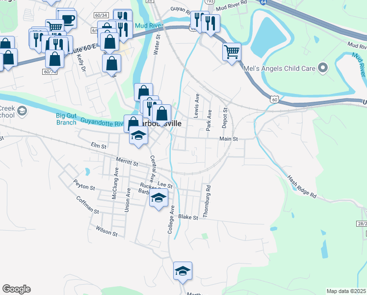 map of restaurants, bars, coffee shops, grocery stores, and more near 640 King Avenue in Barboursville