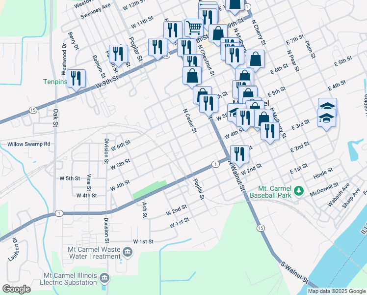 map of restaurants, bars, coffee shops, grocery stores, and more near 400-448 Poplar Street in Mount Carmel