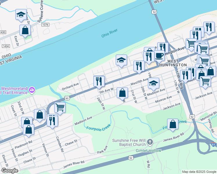 map of restaurants, bars, coffee shops, grocery stores, and more near 2326 5th Avenue West in Huntington