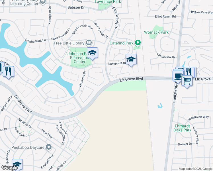 map of restaurants, bars, coffee shops, grocery stores, and more near 2 Elk Grove Boulevard in Elk Grove