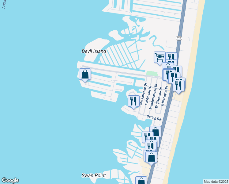 map of restaurants, bars, coffee shops, grocery stores, and more near 8906 Rusty Anchor Road in Ocean City