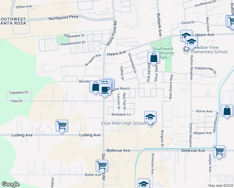 map of restaurants, bars, coffee shops, grocery stores, and more near 2824 Liscum Street in Santa Rosa