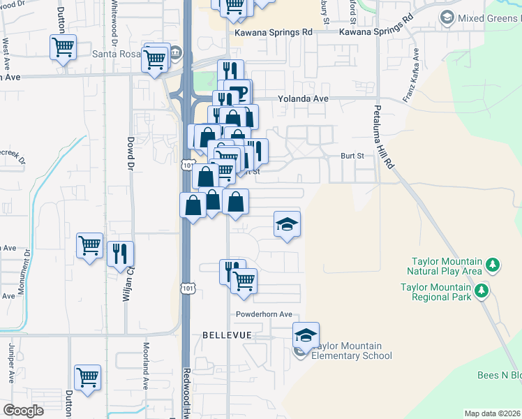 map of restaurants, bars, coffee shops, grocery stores, and more near 148 Pear Lane in Santa Rosa