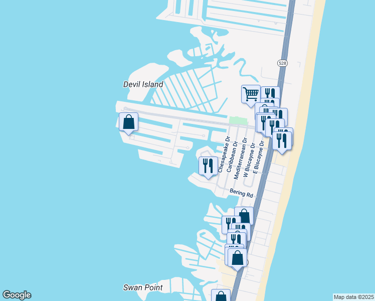 map of restaurants, bars, coffee shops, grocery stores, and more near 21 Villas At Inlet Islecm in Ocean City