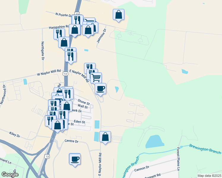 map of restaurants, bars, coffee shops, grocery stores, and more near 305 Mill Pond Lane in Salisbury