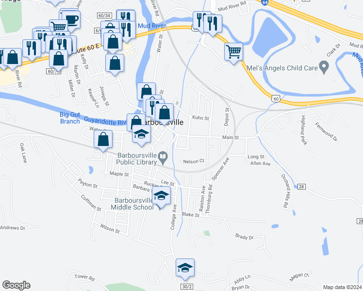 map of restaurants, bars, coffee shops, grocery stores, and more near 812 Nash Street in Barboursville
