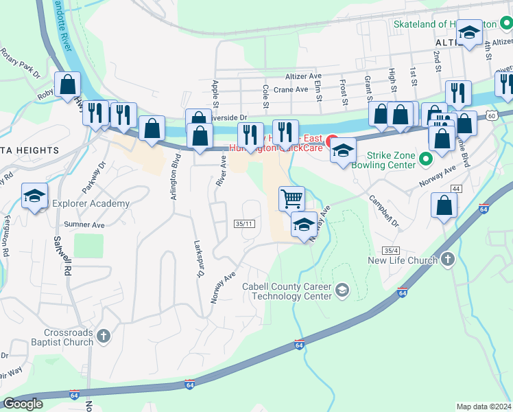 map of restaurants, bars, coffee shops, grocery stores, and more near 48 Smith Drive in Huntington