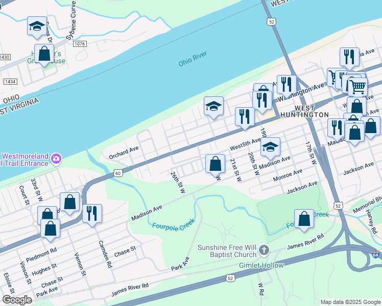 map of restaurants, bars, coffee shops, grocery stores, and more near 2326 5th Avenue West in Huntington