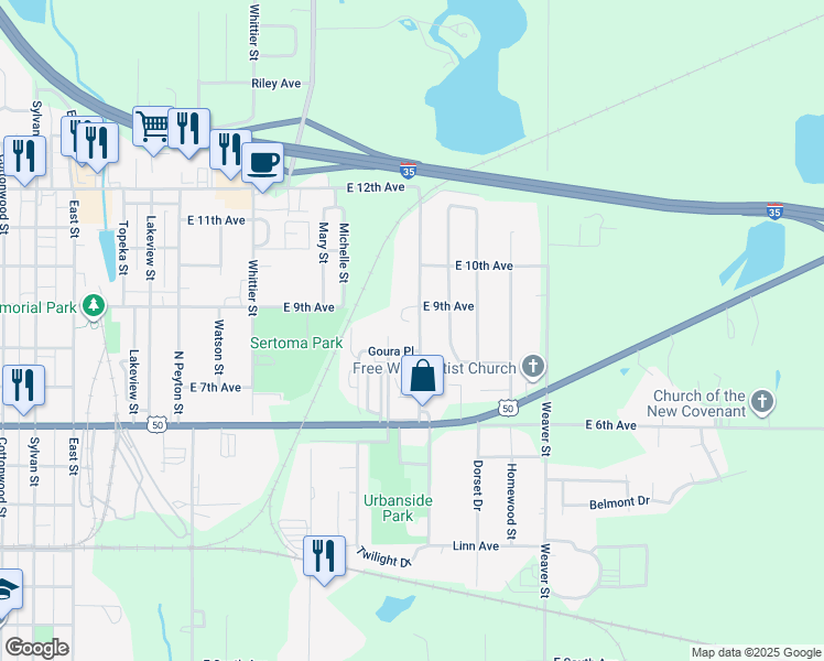 map of restaurants, bars, coffee shops, grocery stores, and more near 809 Whildin Street in Emporia