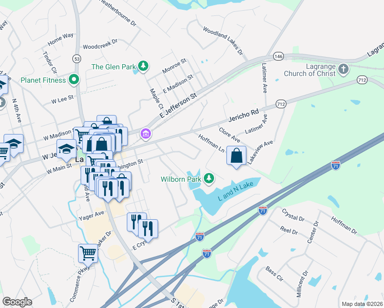 map of restaurants, bars, coffee shops, grocery stores, and more near 519 East Washington Street in La Grange
