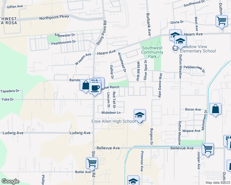 map of restaurants, bars, coffee shops, grocery stores, and more near 2780 Red Tail Street in Santa Rosa