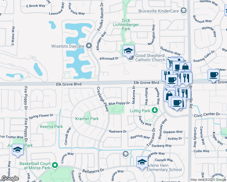 map of restaurants, bars, coffee shops, grocery stores, and more near 9645 Wild Cherry Court in Elk Grove