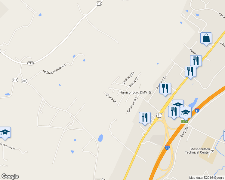 map of restaurants, bars, coffee shops, grocery stores, and more near 3311 Debbie Court in Harrisonburg