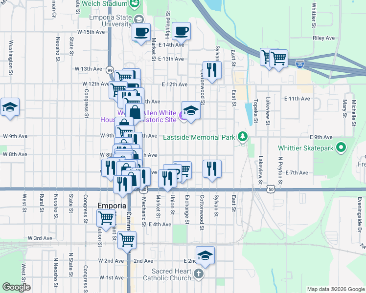 map of restaurants, bars, coffee shops, grocery stores, and more near 316 East 8th Avenue in Emporia