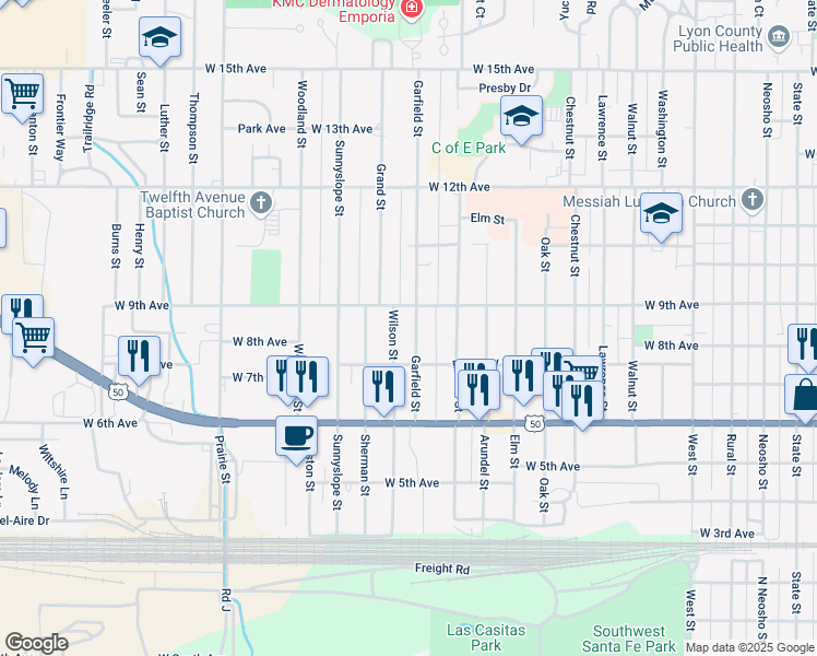 map of restaurants, bars, coffee shops, grocery stores, and more near 718 Wilson Street in Emporia